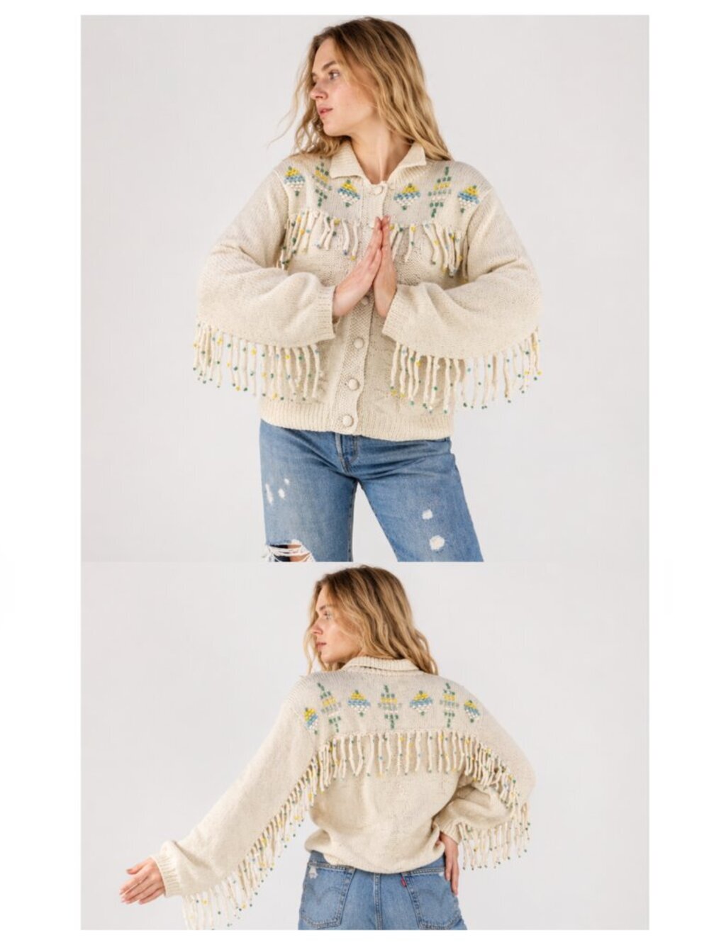Vintage Hand Knit Fringe Beaded Southwestern Cardigan Sweater - Picture 3 of 8